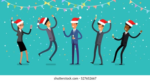 Concept of celebration. Crowd of business people in red hats going to the party. Flat design, vector illustration.