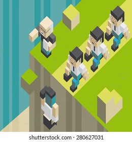 Concept of a Ceo leading his team to an abyss, in isometric old video game style. The grunge texture is removable from the background.