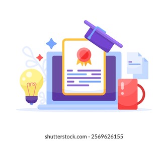 concept of certification, training, seminar, online class, webinar, course. illustration of laptop with certificate paper, toga hat, document, lamp and cup. flat style design. elements