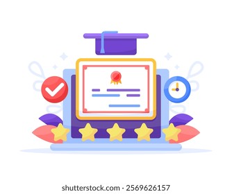 concept of certification, training, seminar, online class, webinar, course. best training and 5 stars. rating. illustration of laptop with certificate paper, toga hat, star. flat style design. element