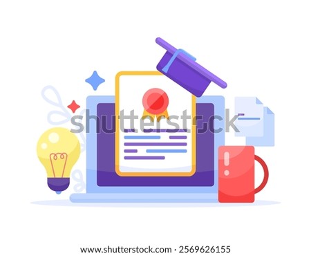 concept of certification, training, seminar, online class, webinar, course. illustration of laptop with certificate paper, toga hat, document, lamp and cup. flat style design. elements