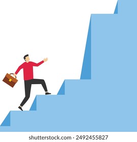 Concept of challenges to overcome difficulties, hurdles or business problems, thinking of solutions to cross hurdles to success, businessman climbing ladder to find difficult big step.