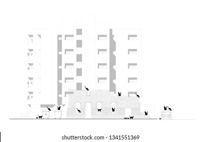 Concept of change. Abandoned ruins of an old building against new apartments. Cats living in the forgotten house