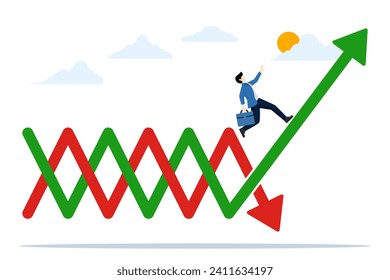 el concepto de cambio de caer a aumentar. el inversor emprendedor salta de la flecha roja a la flecha verde ascendente, la incertidumbre en el mercado de valores, la mejora económica y la inversión o recuperación de la crisis.