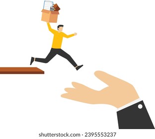 Concept Change job, leave the company for a new career opportunity, confident brave businessman carrying stuff running away jumping from cliff to help giant hand, the decision to change employer conce