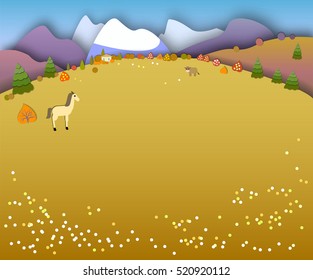 Concept change of seasons. Paper cut style.Flat Landscape Illustration with smooth vector shadows.Horse in the meadow.Autumn time, fields and high mountains, countryside