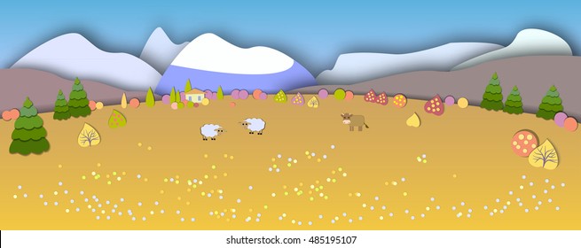 Concept change of seasons.Globe concept showing a peaceful and idyllic lifestyle.Paper cut style.Flat Landscape Illustration with smooth vector shadows.Autumn is coming