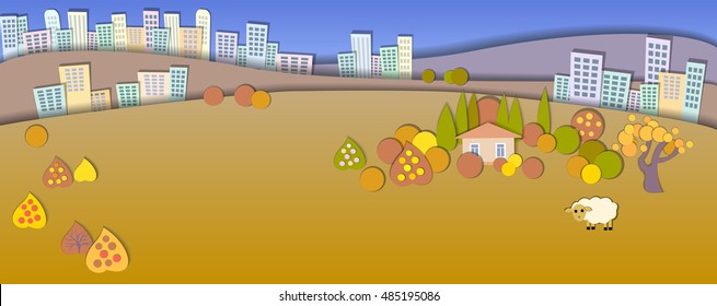 Concept change of seasons.Lifestyle diversity concept.Paper cut style.Flat Landscape Illustration with smooth shadows.Big city in the distance.House in the village,sheep grazing