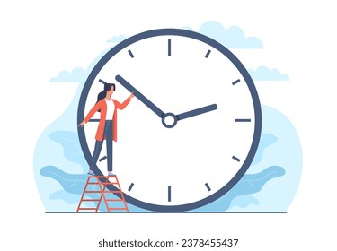 Concept of changing to summer or winter time, woman changes hand of clock. Wintertime and summertime setting. Clock to one hour back or forward. Vector cartoon flat isolated illustration
