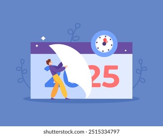 concept of changing year 2024 to year 2025. illustration of businessman tearing calendar to change year. happy new year 2025. events and festivals. flat style design. elements