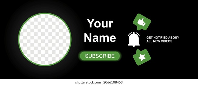 Concept of channel cover. Graphic elements for video bloggers, design of your website or page. Black background with transparent circle cutout for profile picture. Cartoon flat vector illustration