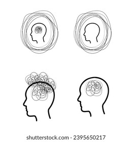 Concept of chaotic thought process, confusion, personality disorder and depression. Illustration of silhouette of huan head with tangled line inside, like brain.