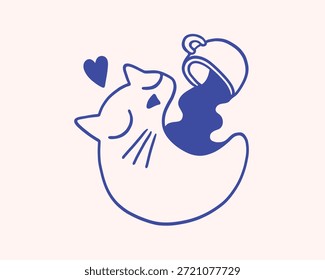 Carácter conceptual del gato que bebe café, carácter adicto a la cafeína. Letras de la mañana. Ilustración o icono de café. Diseño de cafetería y cafetería. Moderno Arte vectorial plano minimalista. Impresión de la cafetería