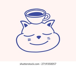 Carácter de concepto de cabeza de gato con taza de café en él, carácter adicto a la cafeína. Ilustración o icono de café. Diseño de cafetería y cafetería. Moderno Arte vectorial plano minimalista. Para cafetería, impresión