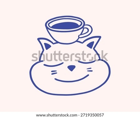 Concept character of cat head with cup of coffee on it, caffeine addicted character. Coffee illustration or icon. Cafe and coffeeshop design. Modern minimalist flat vector art. For coffee store, print