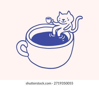 Carácter conceptual del gato, sentado en la taza de café, tomando café, carácter adicto a la cafeína. Ilustración o icono de café. Diseño de cafetería y cafetería. Moderno Arte vectorial minimalista.