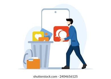 Concept of character cleaning cell phone from junk files. people delete documents with software. Users delete folders with documents, photos, videos, games to the trash, clear the cache. vector.