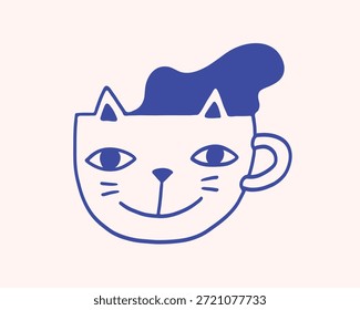 Carácter de concepto, taza que mira como cabeza de gato, carácter adicto a la cafeína. Ilustración o icono de café. Diseño de cafetería y cafetería. Moderno Arte vectorial minimalista. Perfecto para cafeterías, estampado