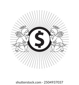 Carácter de concepto de cupido con Ilustración vectorial de moneda, ilustración de concepto de negocios e inversión, diseño plano, Ilustración vectorial, diseño de icono de silueta.