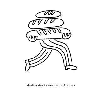 Concept character holding bread and walking. Bakery doodle line illustration or icon. Baguette, branch, store, cafe, menu, print, sticker, poster. Modern minimalist naive funny vector art. 