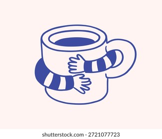Carácter del concepto de las manos humanas que abrazan el café, carácter adicto a la cafeína. Ilustración o icono de café. Diseño de cafetería y cafetería. Moderno Arte vectorial minimalista. Perfecto para cafeterías.
