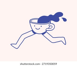 Carácter del concepto de taza de café corriente, taza con las piernas. Ilustración o icono de café. Diseño de cafetería y cafetería. Moderno Arte vectorial plano minimalista. Perfecto para cafeterías, estampados.