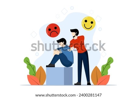 concept of character support to a friend who is depressed, keeping palm on his shoulder. people feel stress, loneliness, anxiety. Vector illustration for counseling, empathy, psychotherapy, friendship