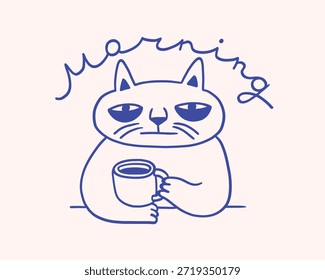 Carácter de concepto de gato cansado con café, carácter adicto a la cafeína. Letras de la mañana. Ilustración o icono de café. Diseño de cafetería y cafetería. Moderno Arte vectorial minimalista. Para cafetería
