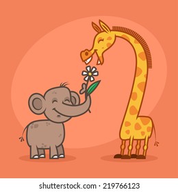 Concept, characters elephant flower and giraffe