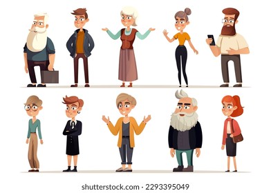Concept Characters. This flat cartoon design features a set of diverse and colorful characters in different poses and expressions on a plain white background. Vector illustration.