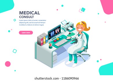 Concept with characters, treatment and exam patient, specialist cartoon. Examination, diagnosis, nurse work, physician at female consult infographic. Scanning person flat isometric vector illustration