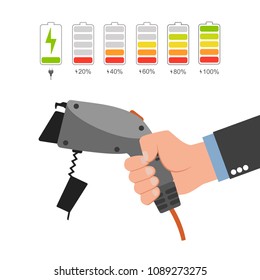 The concept of a charger for an electric vehicle. The hand holds an electric charger for electric vehicles. Vector illustration.