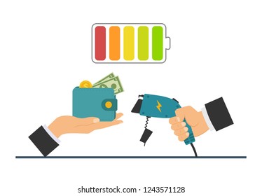 The concept of charging the car, Payment for charging the car. Car charger connector in hand man in exchange for money. Vector illustration.