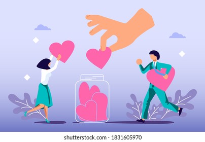 Concepto de caridad, benevolencia y voluntariado. Pequeñas personas coleccionan símbolos cardíacos con una mano. Ilustración de vectores de arte plano