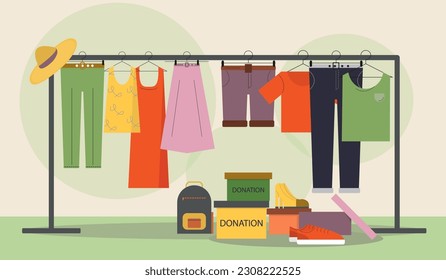 The concept of charity, donation of clothes for the poor and homeless, thrifty shopping. Men's and women's multi-colored clothing, boxes with shoes. Flat vector illustration, eps10.