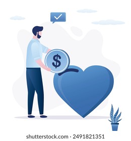 Concepto de caridad, donación, asistencia financiera, ayuda o Asistencia, filantropía. Personaje masculino poniendo la moneda en el corazón. Donar dinero a una organización o fundación sin fines de lucro. Ilustración vectorial