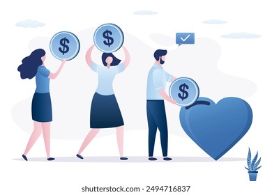 Concept of charity, donation, financial assistance, aid or support, philanthropy. Queue of characters want putting coins into heart. Donating money to nonprofit organization or foundation. flat vector