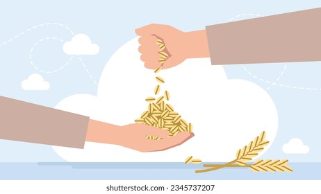 Concept of charity and donation. A generous man pours out a handful of grain to a beggar. Generosity. Feed the hungry. Support to people. Vector flat illustration svg