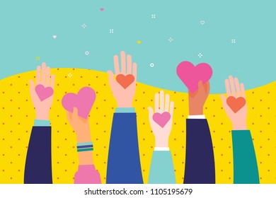Concept of charity and donation. Give and share your love to people. Hands holding a heart symbol. Flat design, vector illustration.
