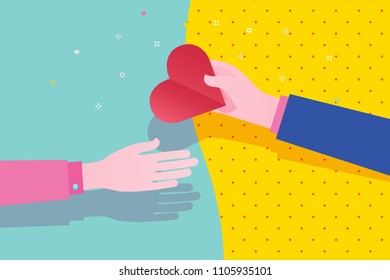 Concept of charity and donation. Give and share your love to people. The hand of the man gives the symbol of heart to the other hand. Flat design, vector illustration.