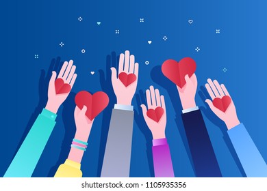 Concept Of Charity And Donation. Give And Share Your Love To People. Hands Holding A Heart Symbol. Flat Design, Vector Illustration On Blue Background..