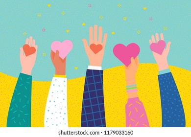 Concept of charity and donation. Give and share your love to people. Hands holding a heart symbol. Flat design, vector illustration.