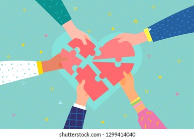 Concept of charity and donation. Give and share your love to people. Several people hold big heart puzzle symbol on their hands. Flat design, vector illustration.