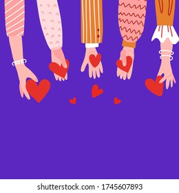 Concept of charity and donation. Give and share your love to people. Hands holding a heart symbol and gining them to us. Flat hand drawn vector illustration