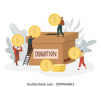 Concept of charity and donation. Give and share your money  to people. Tiny people donate money for help poor people. Flat design, vector illustration isolated on white background.