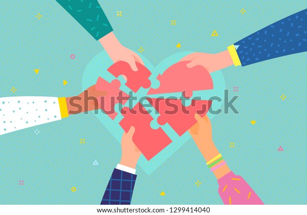 Concept of charity and\
donation. Give and share your love to people. Several people hold\
big heart puzzle symbol on their hands. Flat design, vector\
illustration.