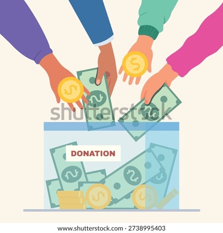 Concept of charity and donation. Hand giving money for donation. Support and help people concept.