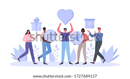 Concept of charity and donation. People give and share love, money, boxes with clothing, food, medicines,products to poor, homeless and elder persons. Philanthropy flat cartoon vector illustration.