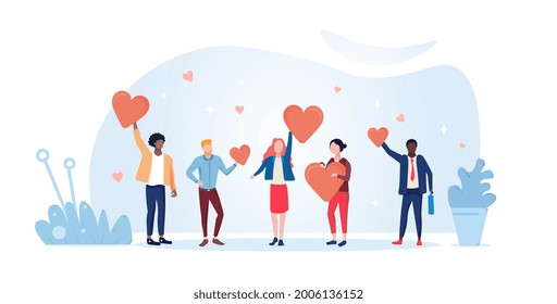 Concept of charity and donation. People hold hearts in their hands and give them to those in need. A metaphor of kindness and responsiveness. Cartoon flat vector illustration on a white background