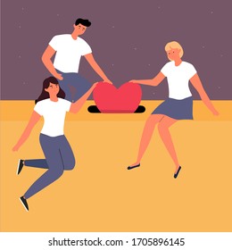 Concept of charity and donations. Volunteer group give donations with heart or love put together into a box illustration. Volunteering and donations vector banner template Charity organization members